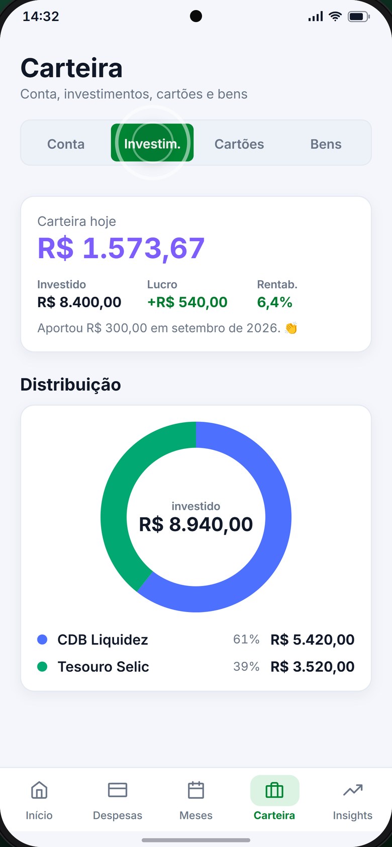 Tela da carteira com investimentos