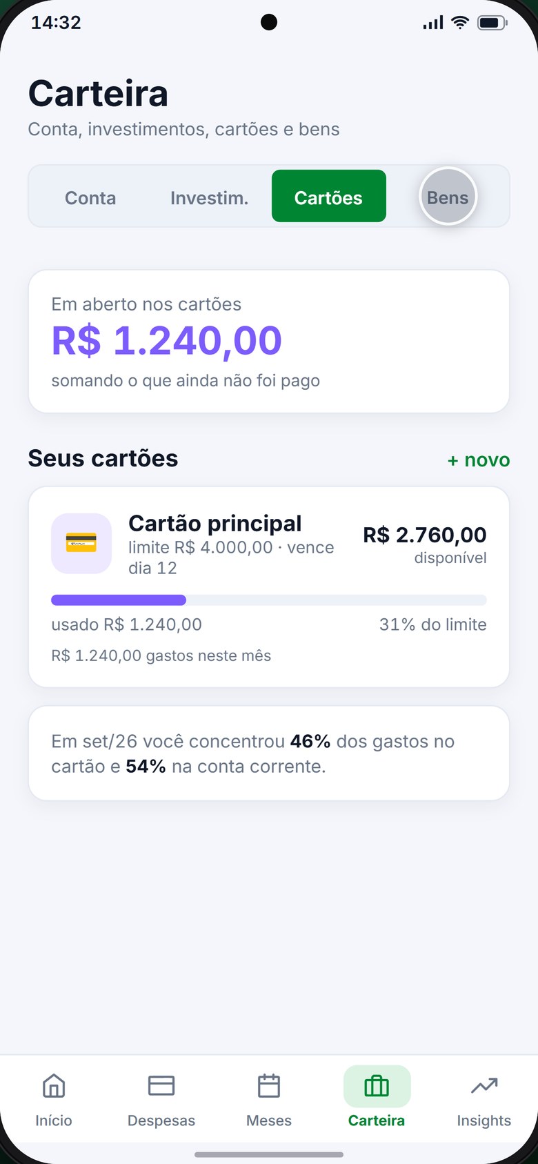 Tela de cartões de crédito