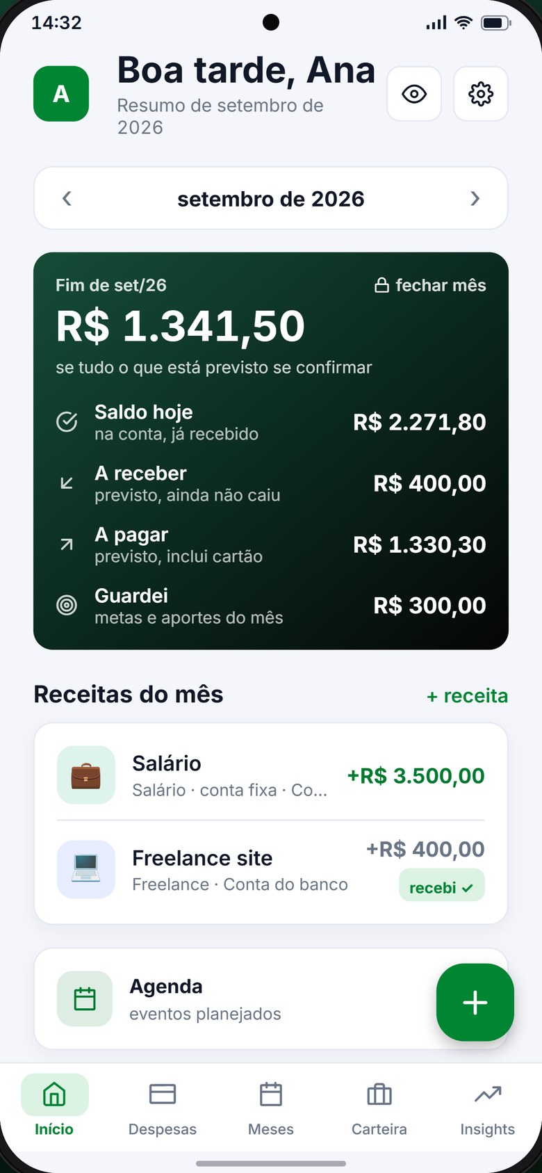 Tela inicial do Meu Bolso com o resultado do mês