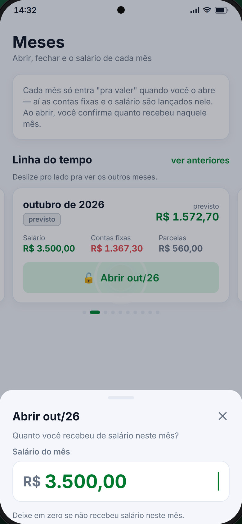 Tela de meses com abertura do mês e salário