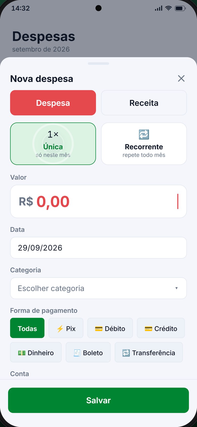 Formulário de nova despesa