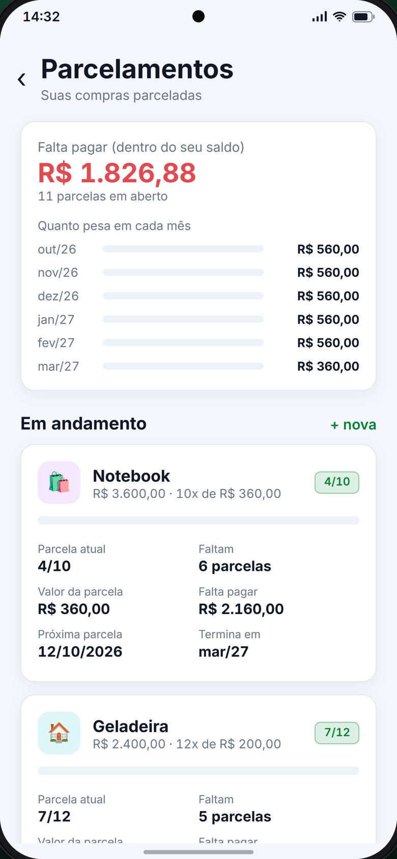 Tela de parcelamentos com parcelas em andamento